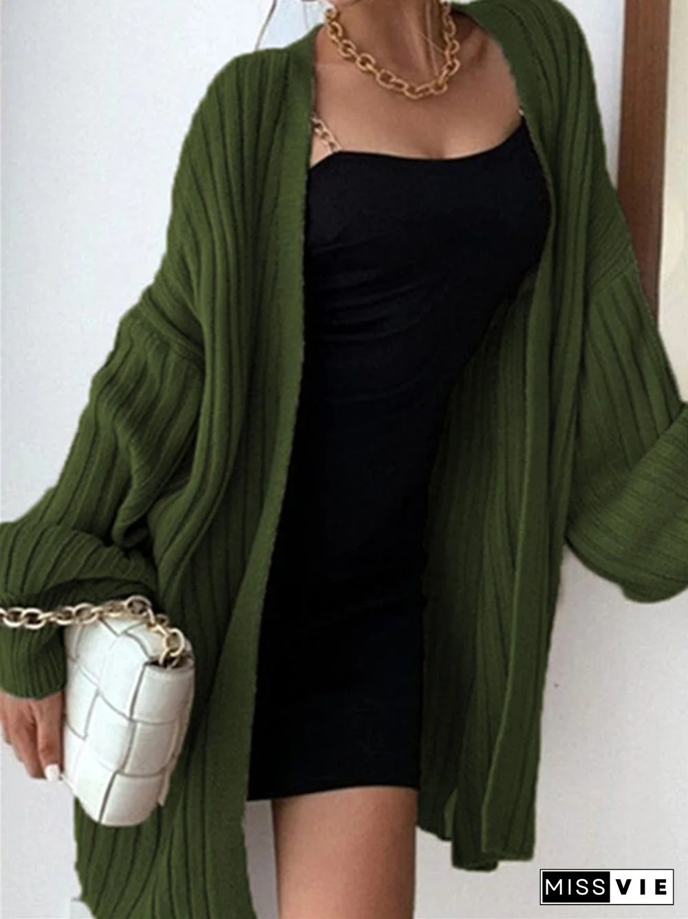 Women's V-neck Batwing Sleeve Stitching Sweater Cardigan Jacket Mid-length Coat