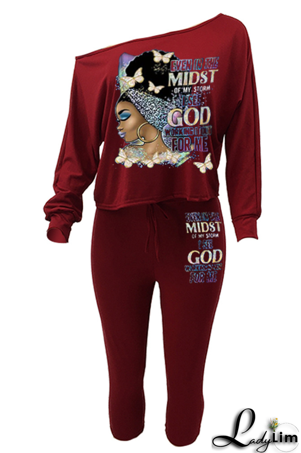 Black Fashion Print Patchwork One Shoulder Long Sleeve Two Pieces