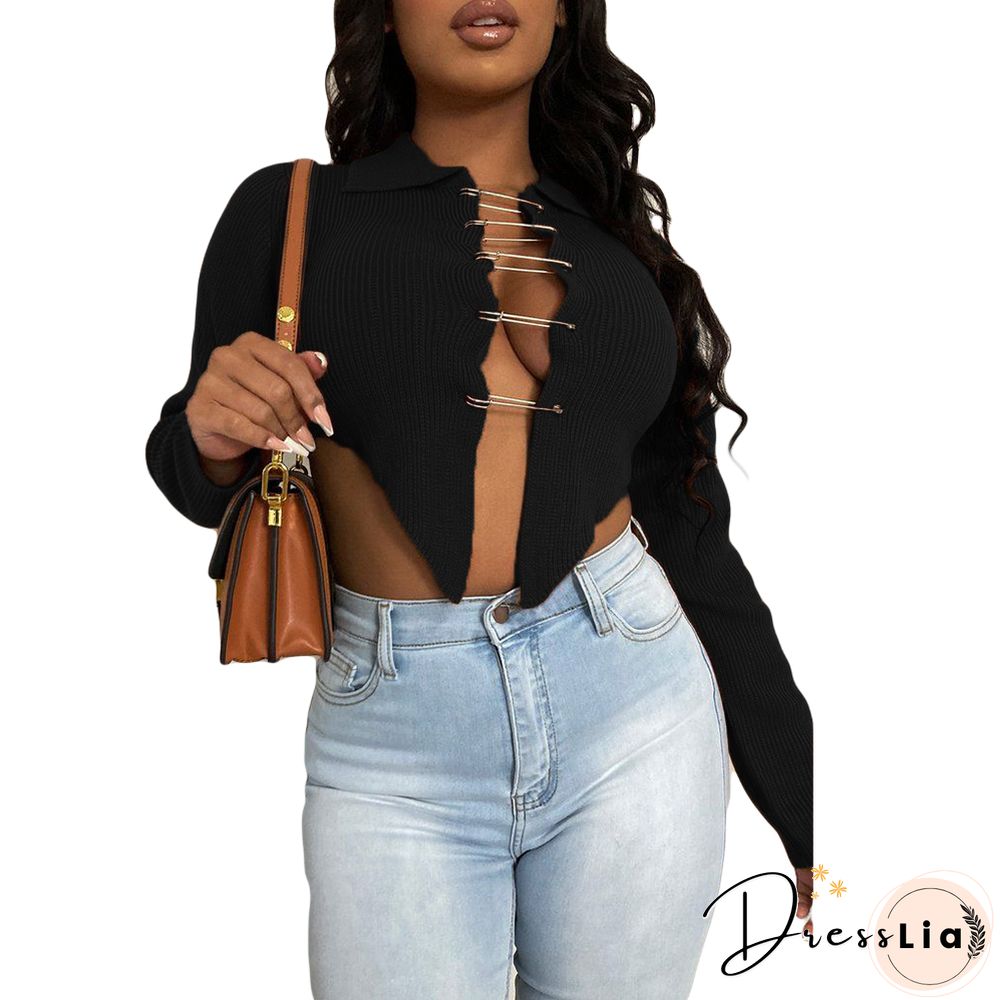 Ribbed Knitted Long Sleeve Pin Up Cardigan Crop Tops