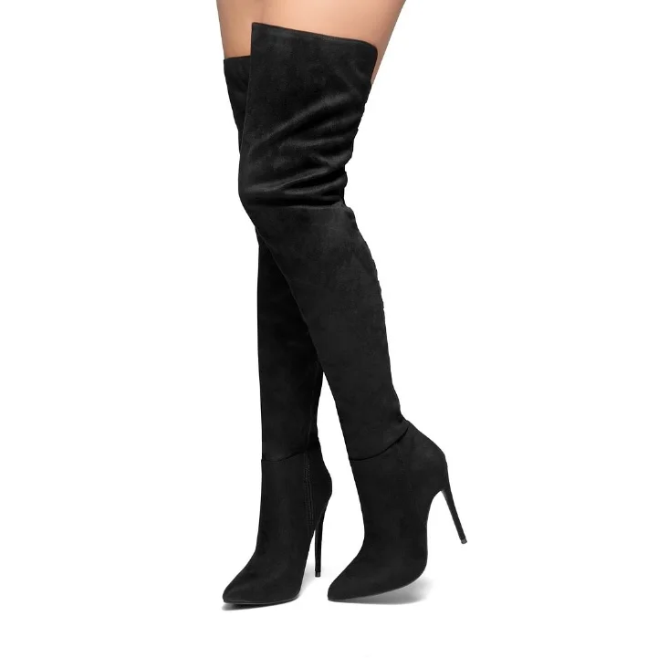 Bottes noires à talons aiguilles montant au-dessus du genou Flusfy
