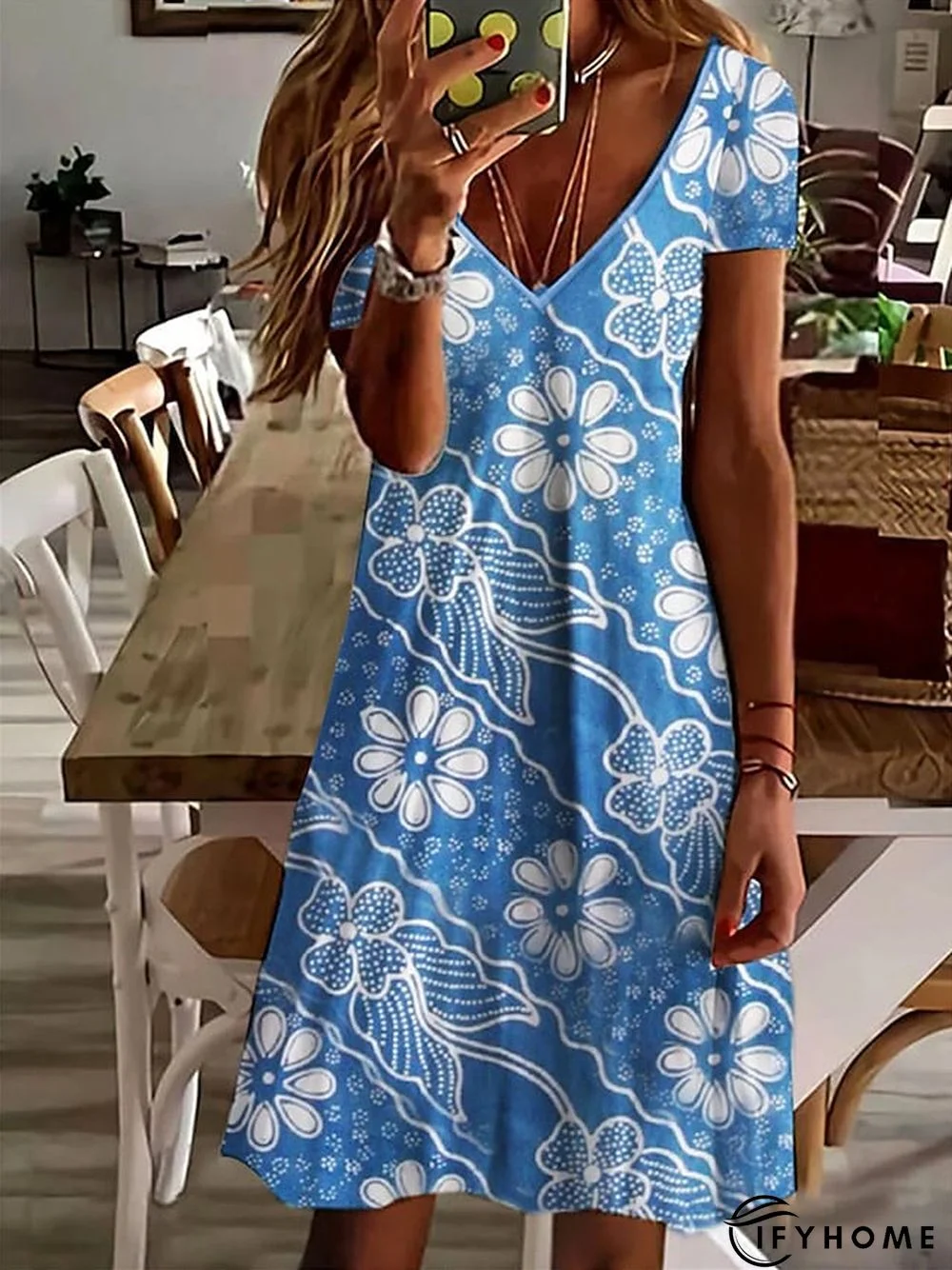 Women's Casual Dress Summer Dress Print Dress Floral Geometric Print V Neck Mini Dress Basic Fashion Outdoor Daily Short Sleeve Regular Fit White Blue Green Spring Summer S M L XL XXL | IFYHOME