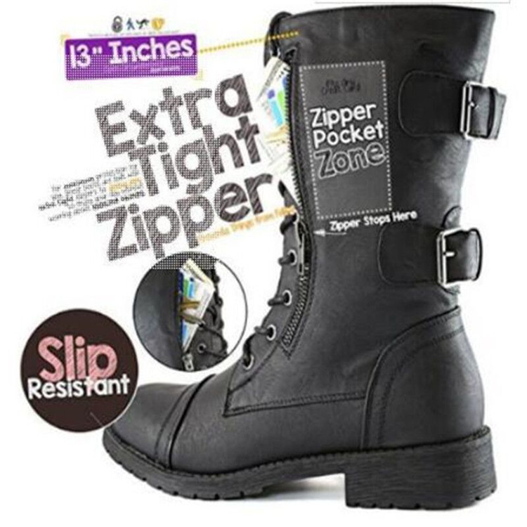 Women Lace up Mid Calf Hide Credit Card Knife Money Wallet Pocket Boots -boots