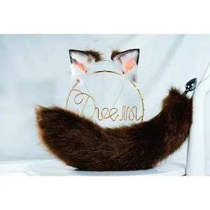 pornhint Pornhint Bown fox ears, pet play, coffee faux fur fox ear, coffee tail, fox ears and tail set, cosplay mature,anime ears, cat ear and tail set, furry