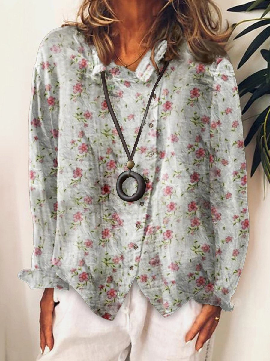 Women's Flower Art Print Cotton & Linen  Casual Long  Shirt