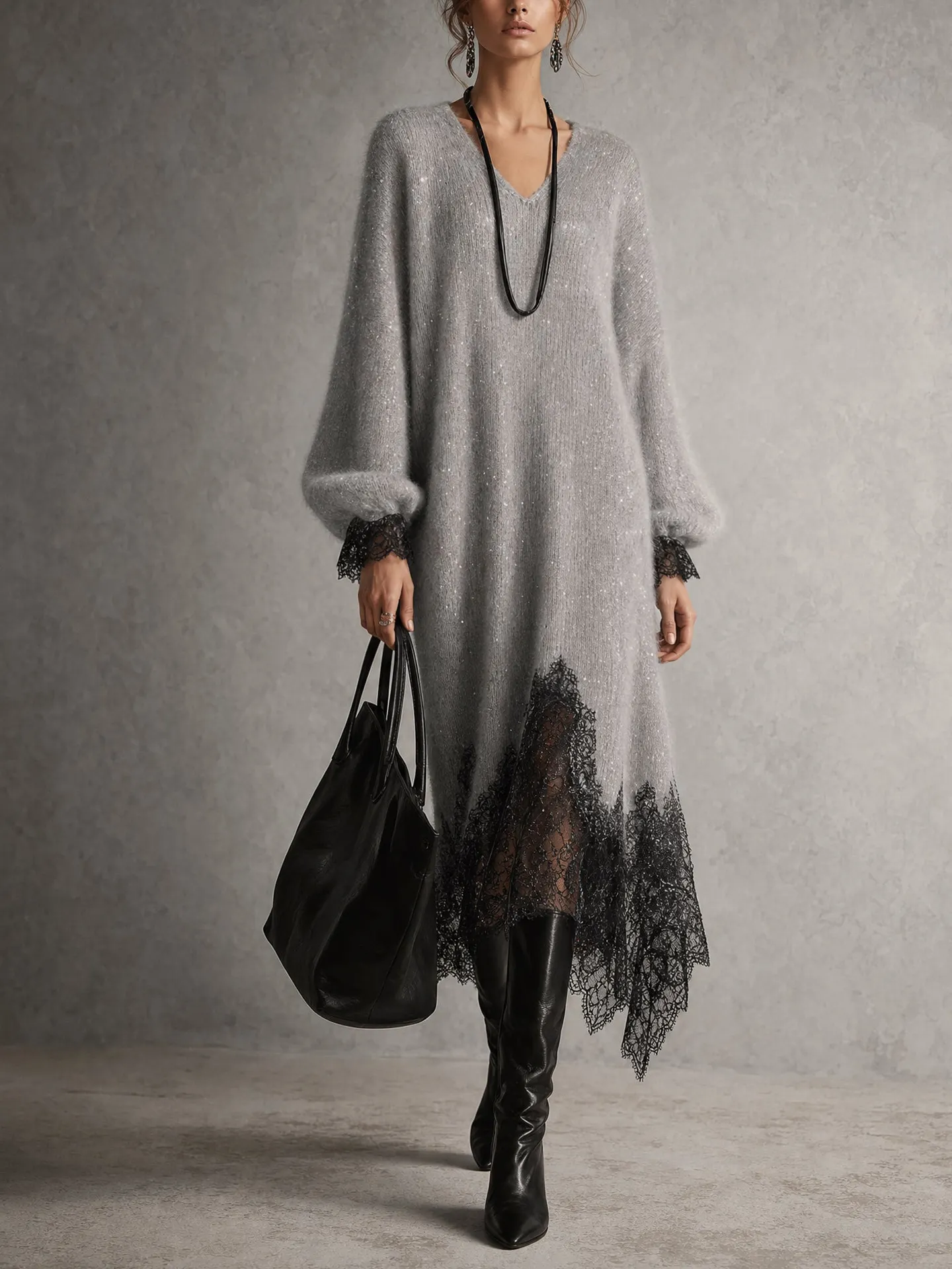 Women V Neck Sequin Knit Midi Dress