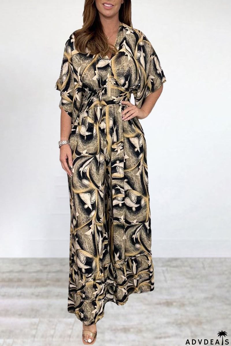 Bohemian College Print Backless V Neck Loose Jumpsuits