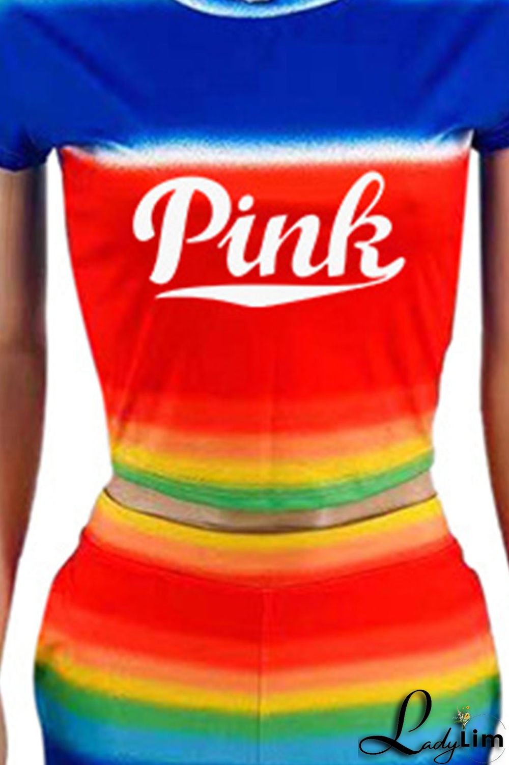 Rainbow Color Casual Print Patchwork O Neck Short Sleeve Two Pieces