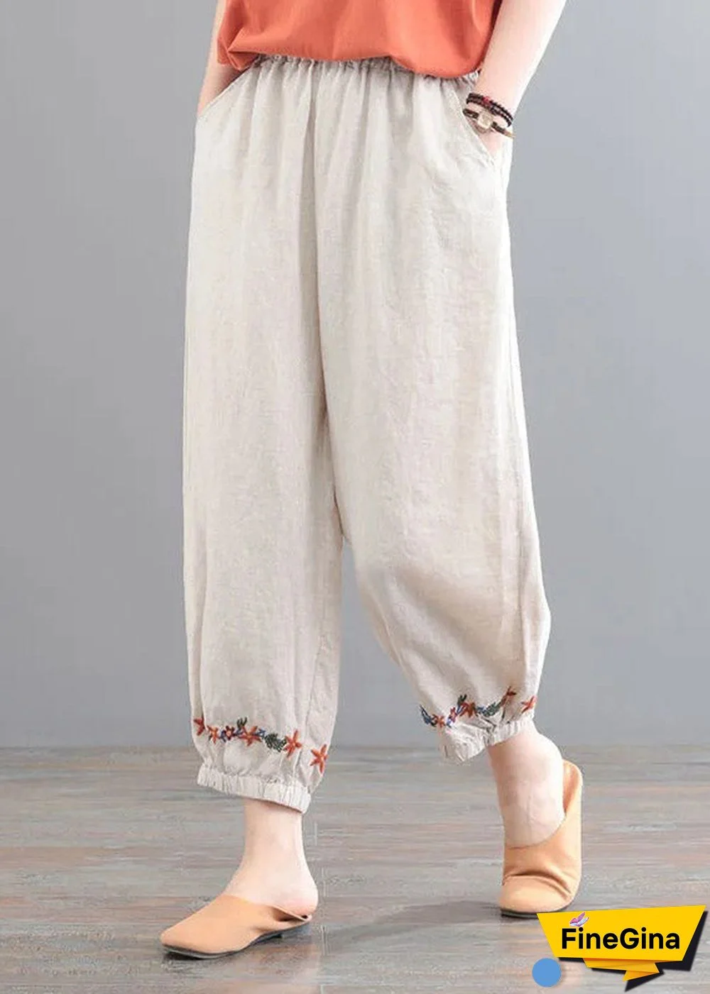 Organic Beige Embroideried Floral Pockets Crop Pants Summer