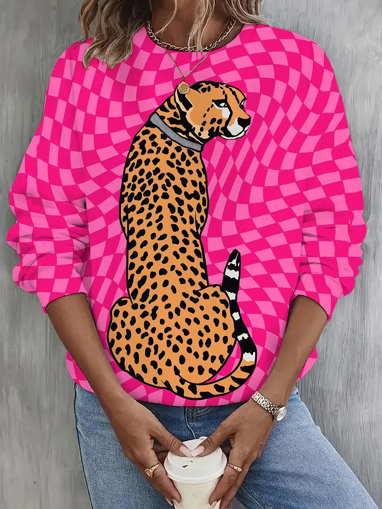 Women Cheetah Print Long Sleeve Casual Top socialshop
