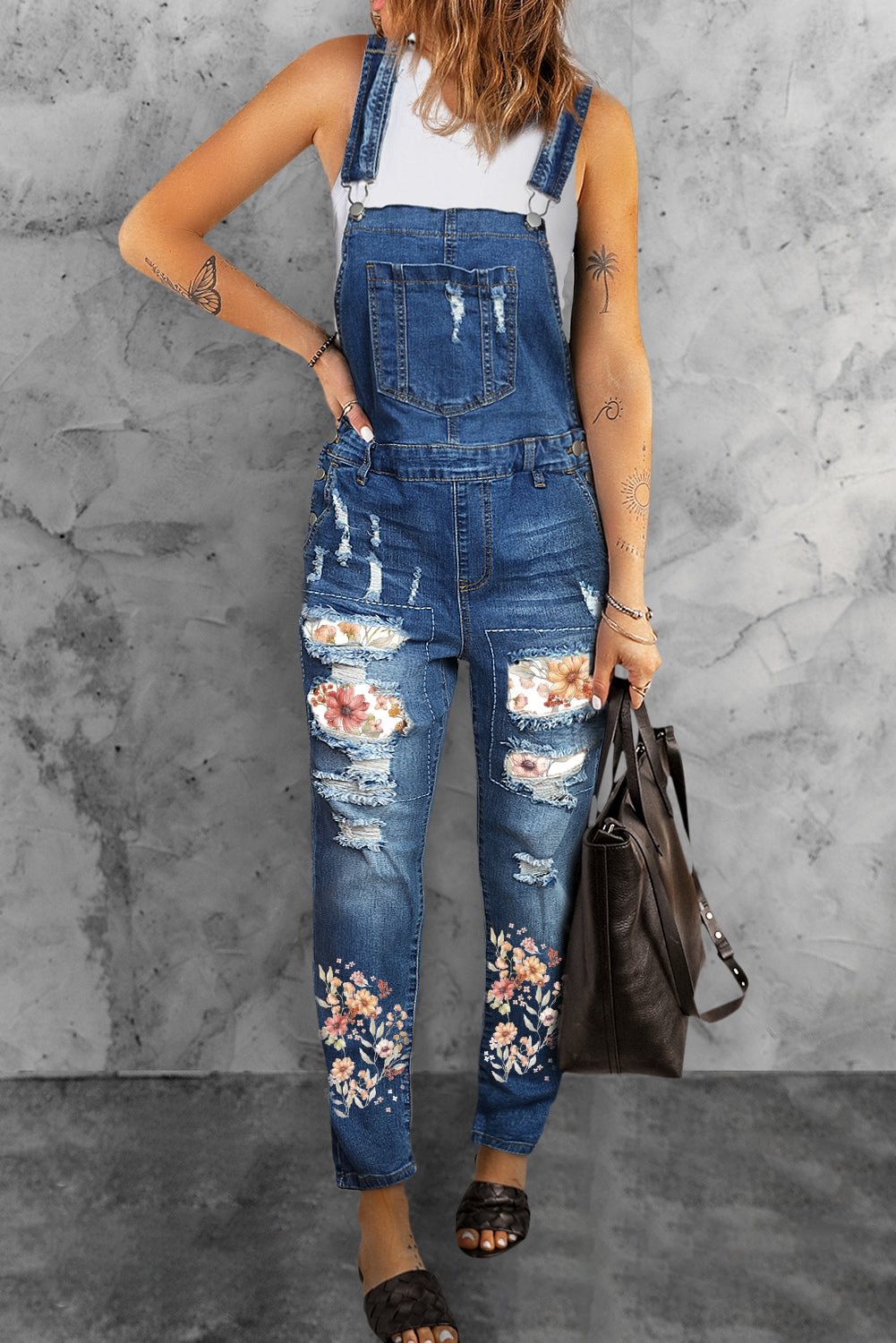 Vintage Flower Casual Denim Bib Overalls Jeans