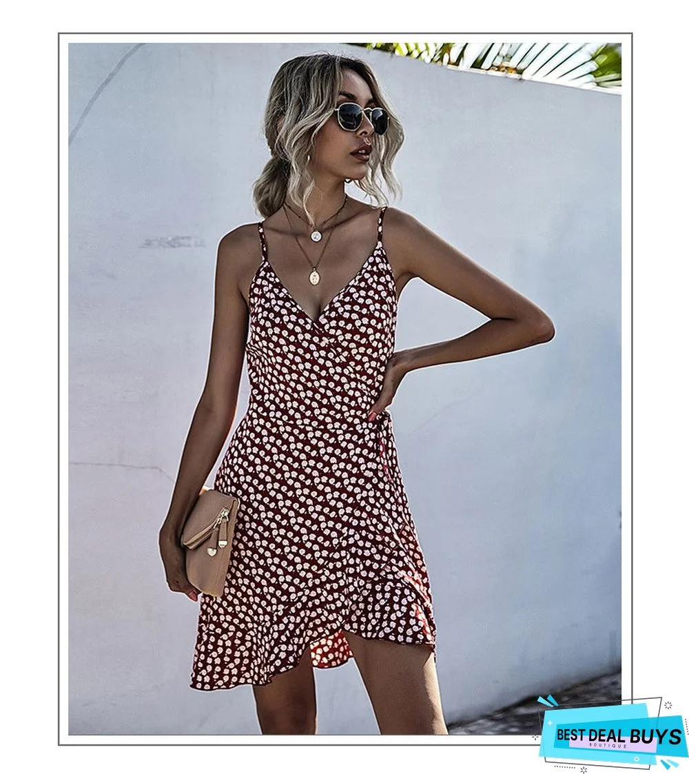 Summer Printing Irregular Ruffled Suspenders Dress Women