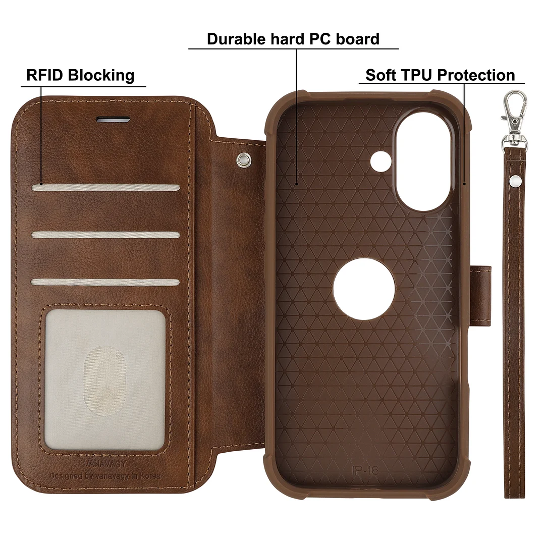 VANAVAGY Compatible for iPhone 16 Wallet Case for Magsafe Wireless Charging,Leather Flip Folio Wrist [Glass Screen Protectors & Camera Lens Protectors] with RFID Block Card Holder