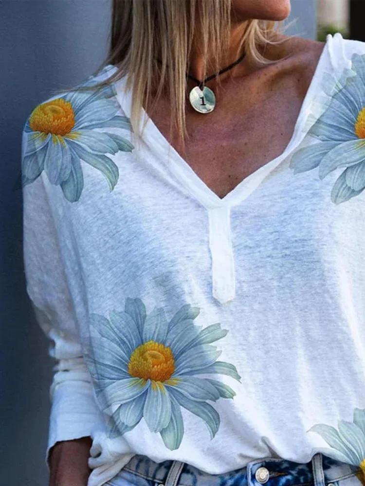 Cotton V-neck long sleeve vintage floral print top