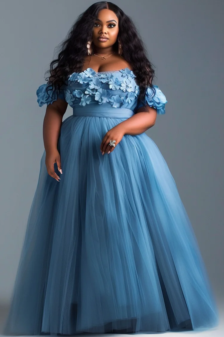 Xpluswear Design Plus Size Wedding Guest Tulle Blue Elegant Off The Shoulder 3D Maxi Dresses [Pre-Order] 2024 - Xpluswear
