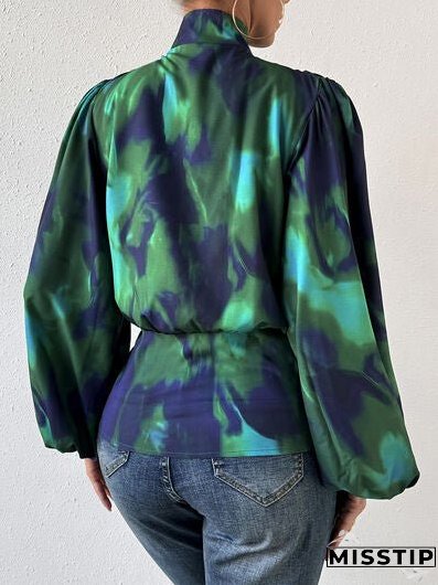 Tie-Dye Button Up Balloon Sleeve Blouse