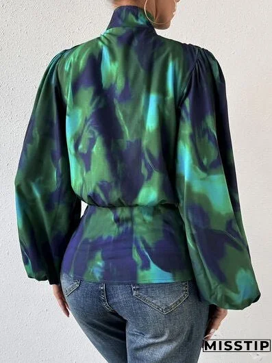 Tie-Dye Button Up Balloon Sleeve Blouse