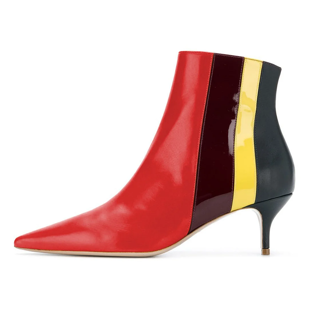 Red Kitten Heel Multicolor Stripes Pointed Toe Short Boots for Women