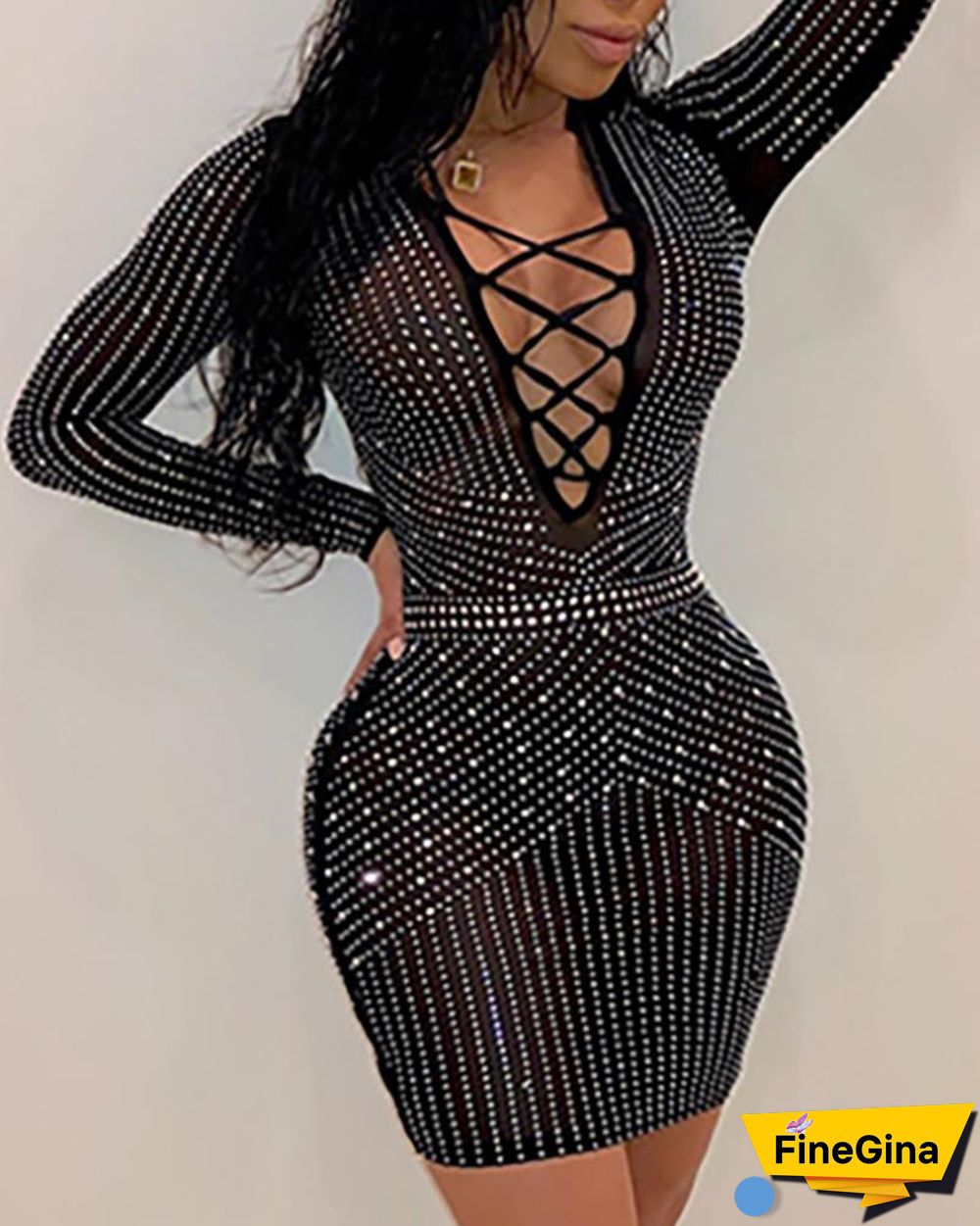 Hot Stamping Lace-Up Front Bodycon Dress Black Dresses