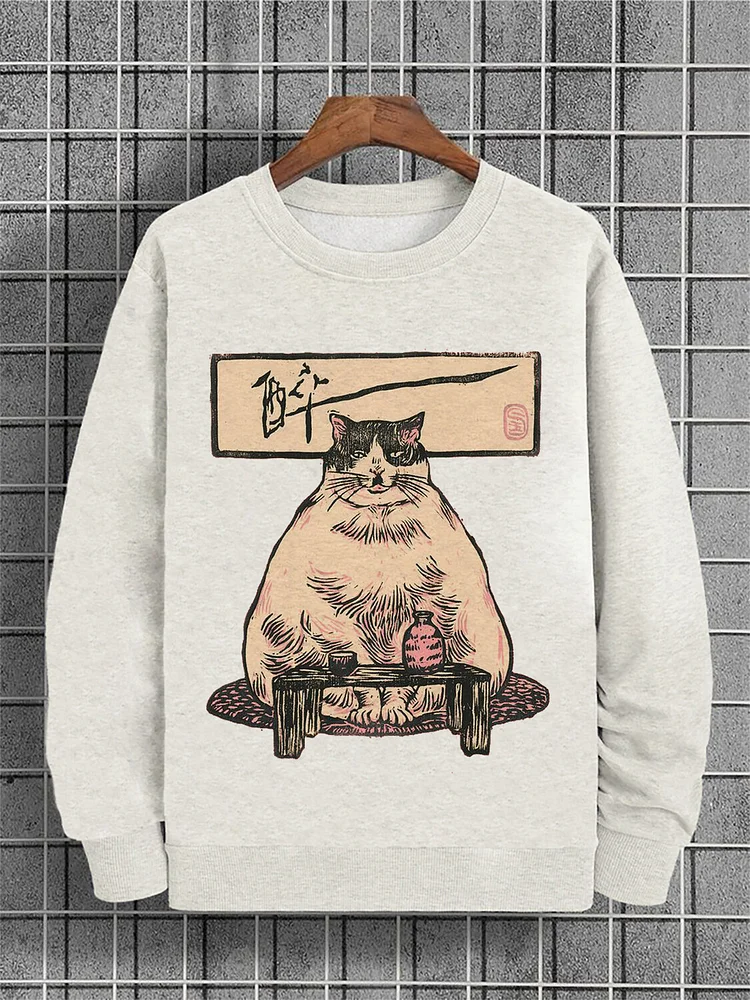 Men's Drunk Fat Cat Japan Art Print Cotton Casual Sweatshirt