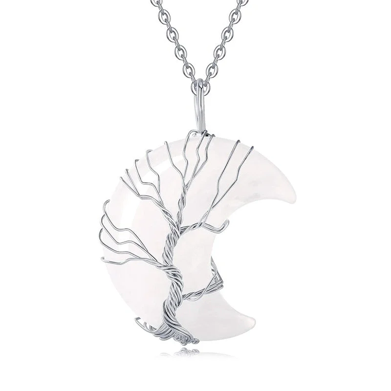 Natural Quartz Crystal Moon Tree Of Life Healing Energy Necklace Pendant