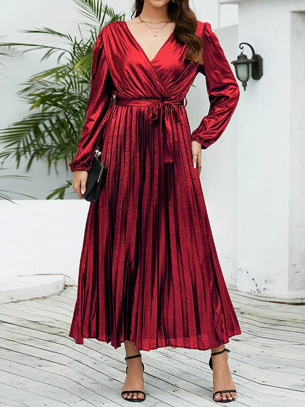 Bronzing Elasticity Pleated Solid Color Tied Waist High Waisted Long Sleeves Deep V-Neck Maxi Dresses