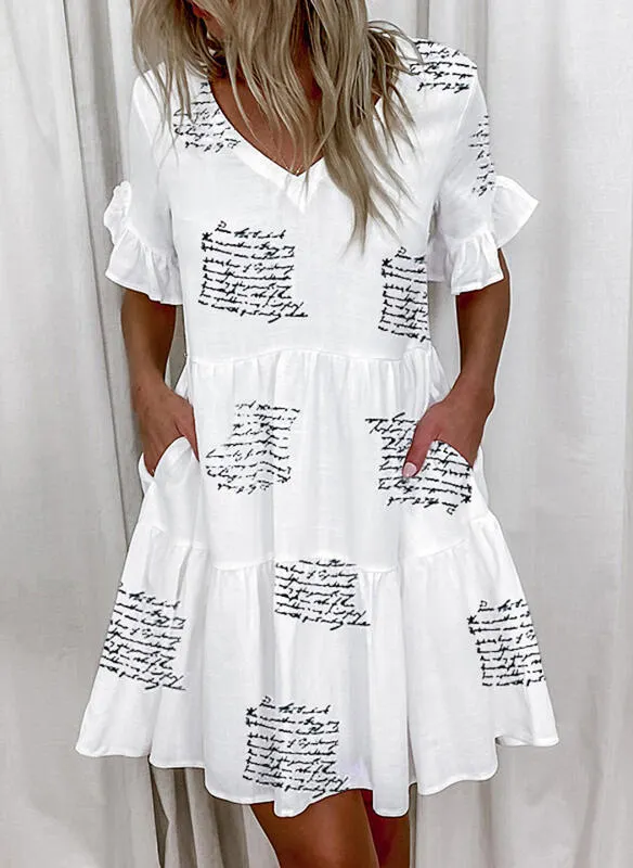 Brownm Regular Sleeve Fashion Short Printed Ruffle Pocket Dress