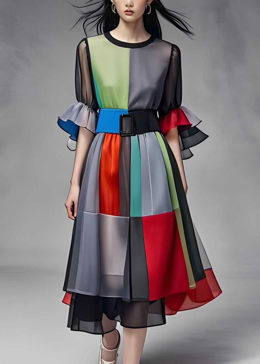 VCSHOES Colorblock O Neck Tie Waist Patchwork Chiffon Dress Summer