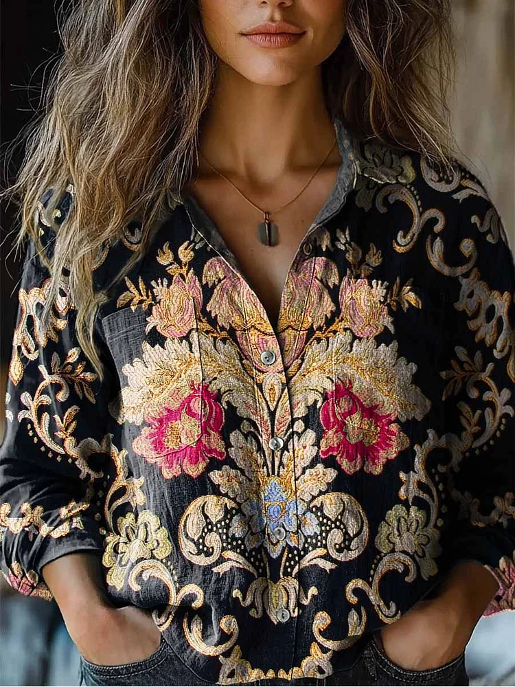 WomenS Vintage Floral Pattern Long Sleeve Comfortable Cotton And Linen Shirt