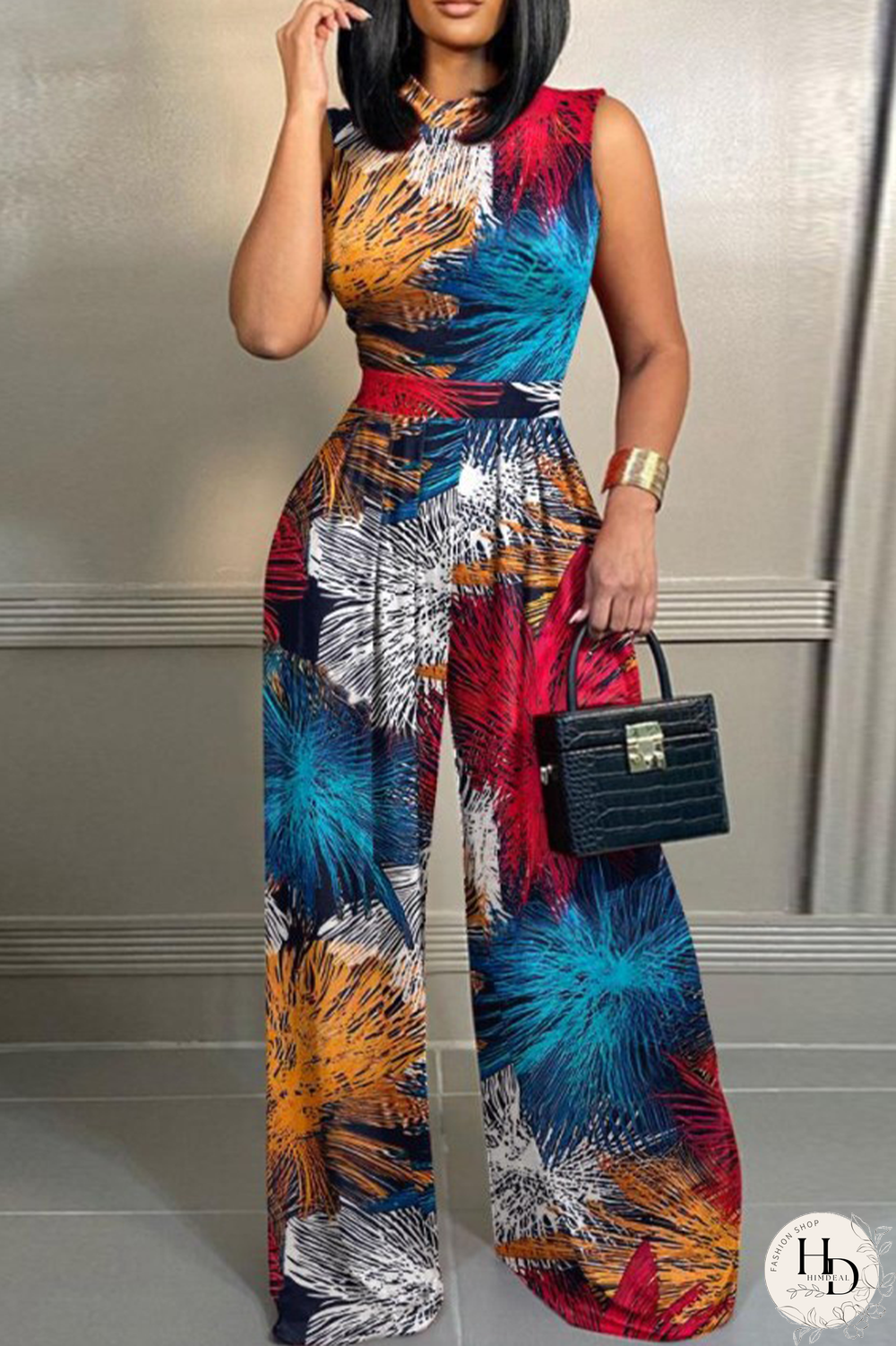 Multicolor Casual Work Street Print O Neck Regular Jumpsuits