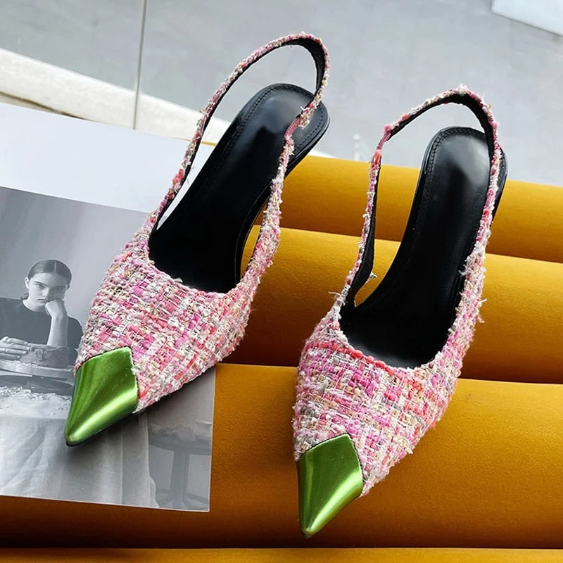 2022 New Black Pink Heels Women Sandals Summer Fashion Green Metal Pointed Toe Shoes Mules Pumps Shallow Slip-On Stilettos Mujer