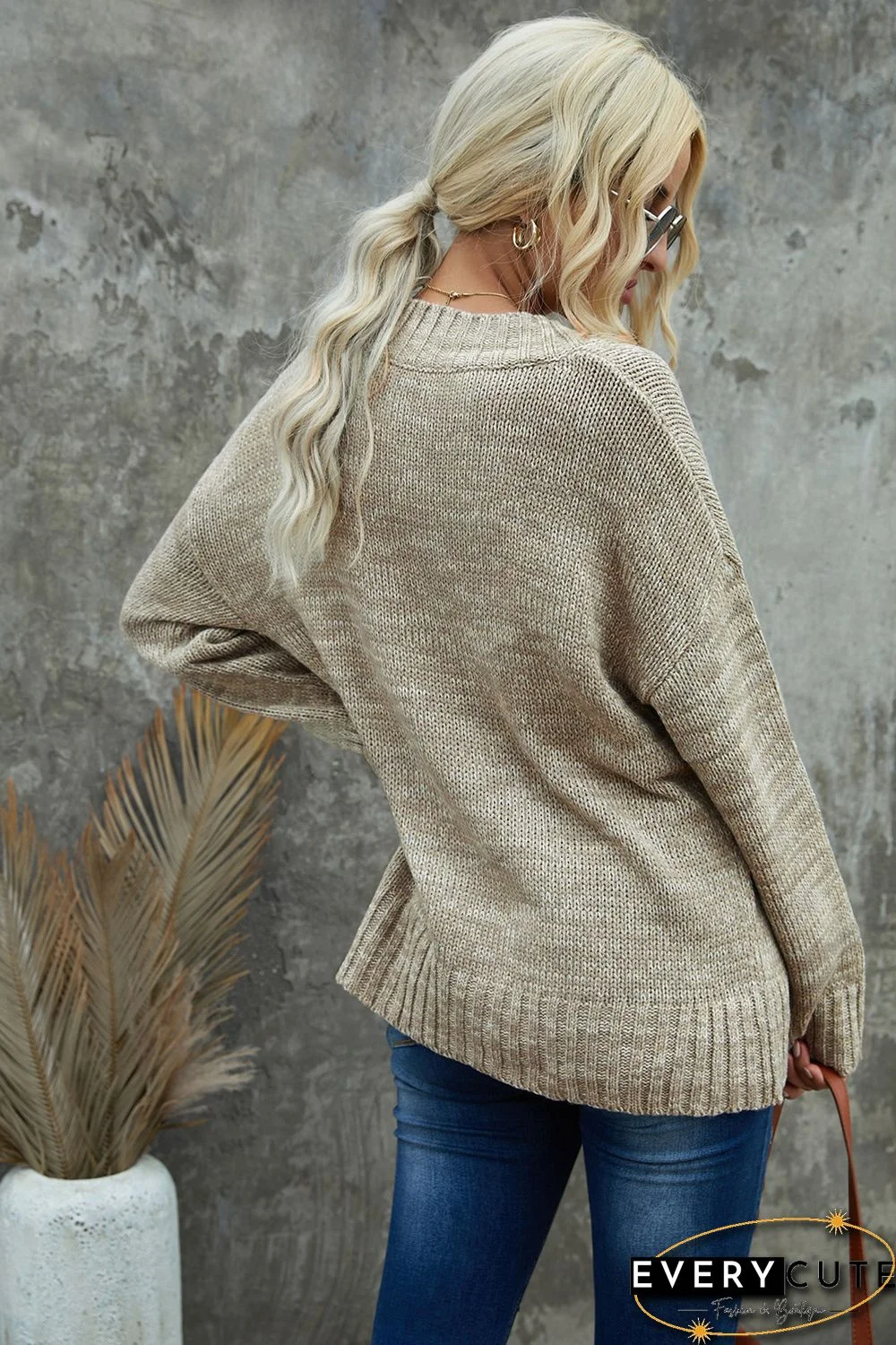 Khaki V neck Drop Shoulder Knitted Sweater