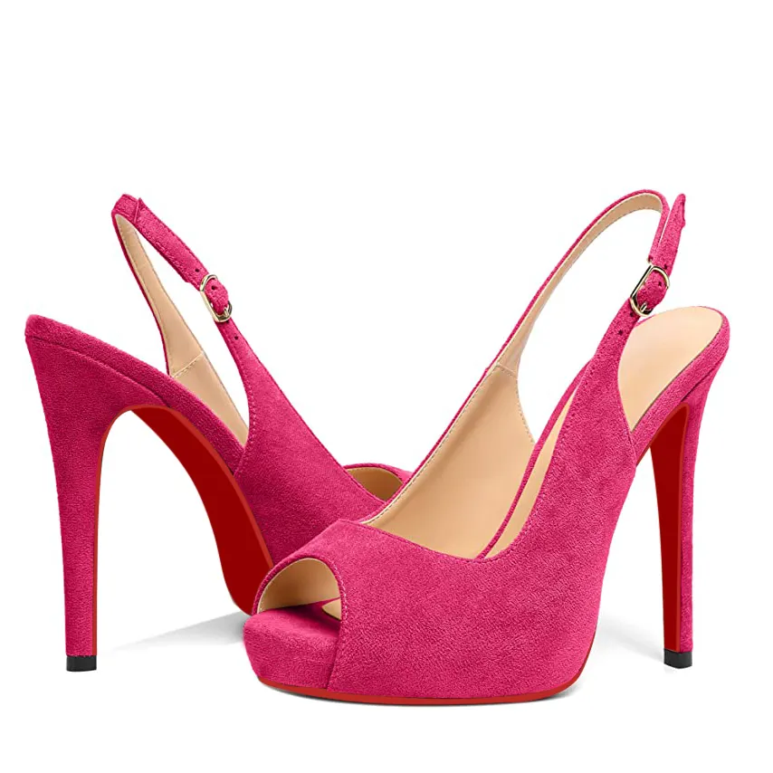 120mm Strap Slingback Sandals Peep Toe Platform Stilettos Red Bottom Suede Heels-vocosishoes
