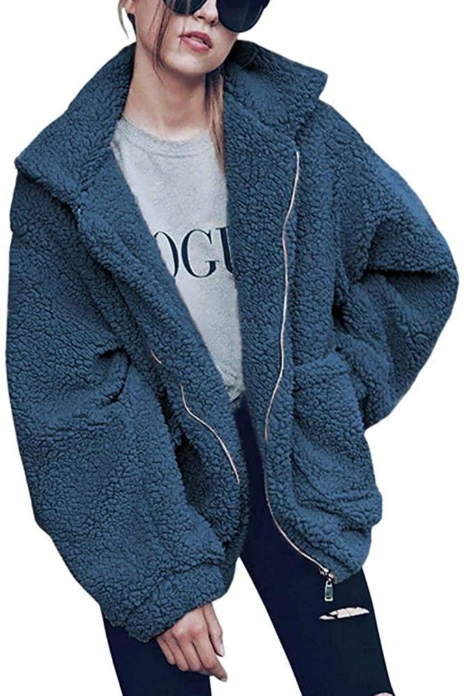 Womens Faux Shearling Jacket, Casual Lapel Fleece Fuzzy Jacket
