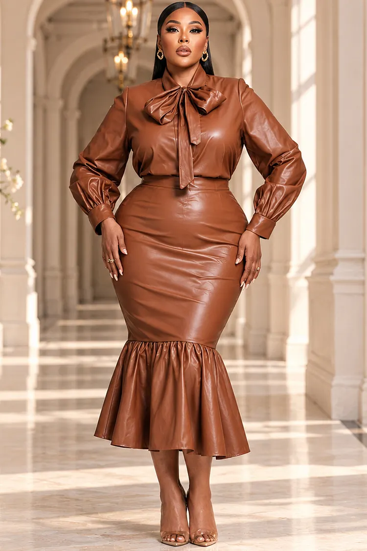 Xpluswear Design Plus Size Cocktail Party Brown Bow Tie Long Sleeve Mermaid Ruffle PU Leather Two Piece Skirt Sets [Pre-Order] 2024 - Xpluswear
