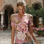 Bohème Pink Peony Sequin Embroidery V-neck Short Sleeves - Image 2