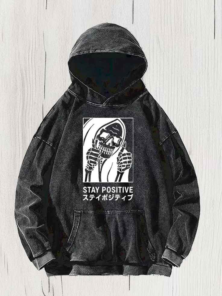 Men's Stay Positive Skeleton Art Print Cotton Washed Hooded Sweatshirt