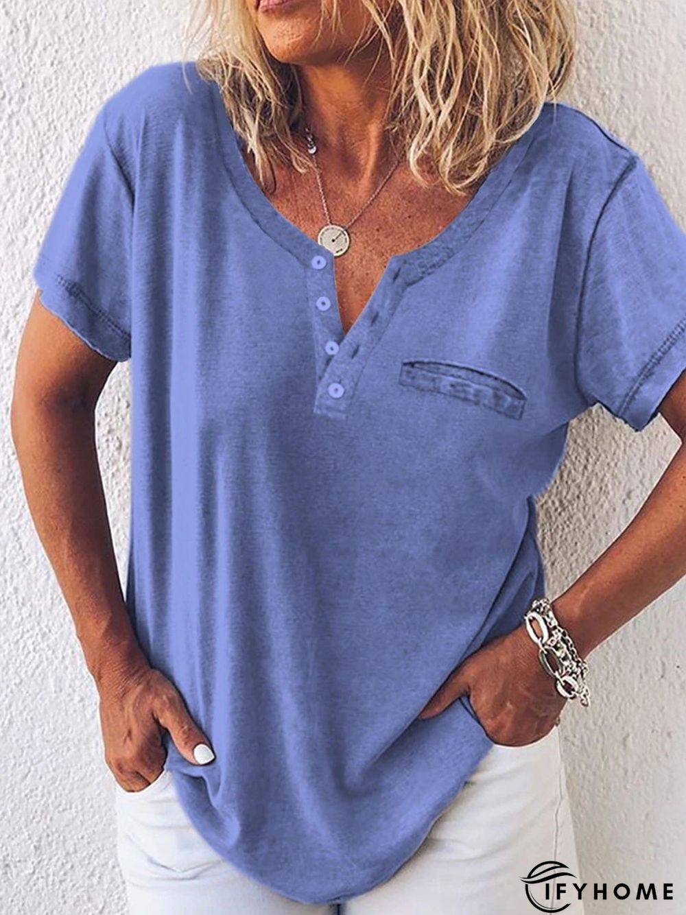 Casual Buttoned Solid Short Sleeve Loosen Tunic T-Shirt | IFYHOME