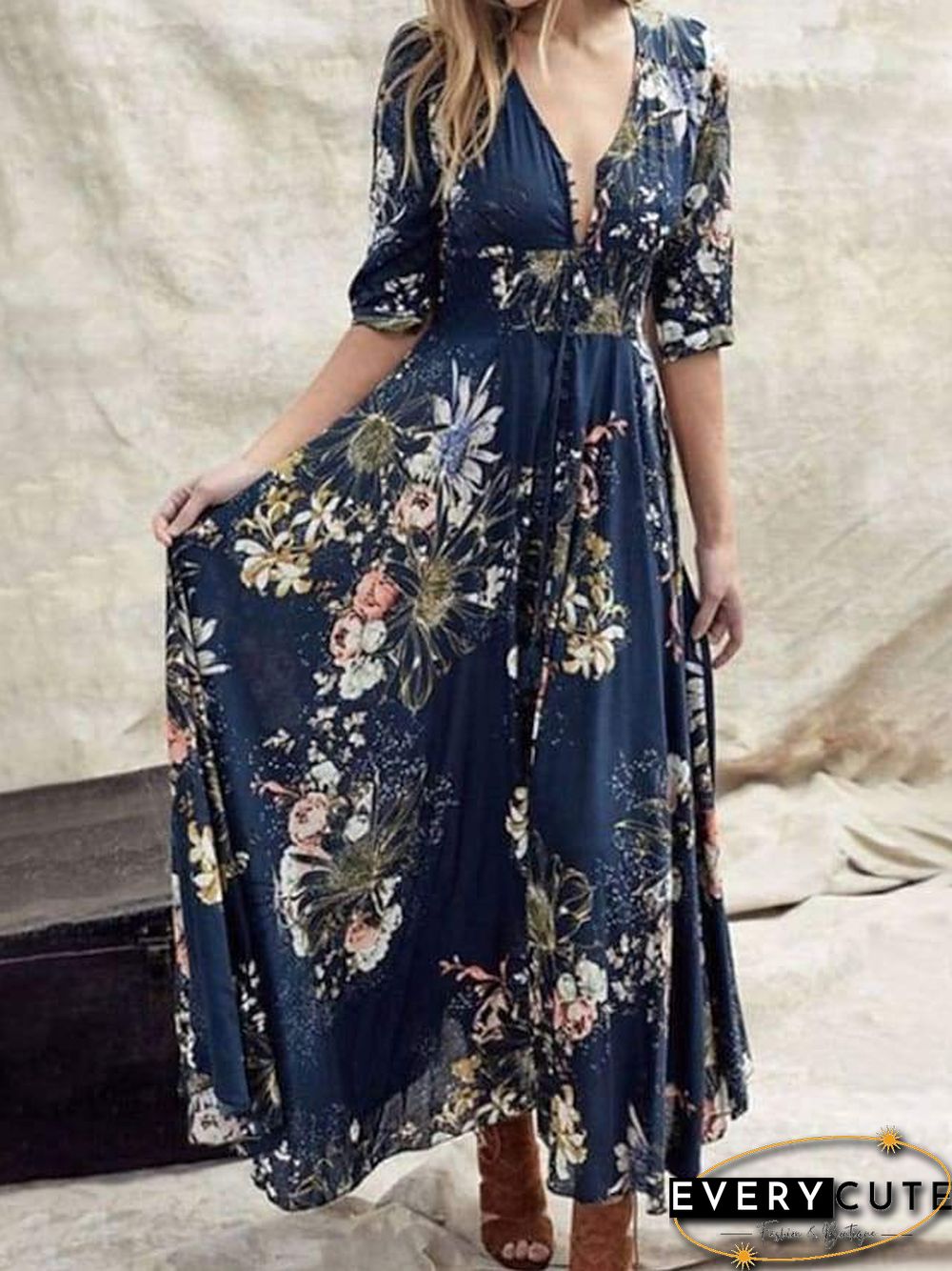Women's Swing Dress Maxi Long Dress Blue Green Half Sleeve Floral Ruffle Print Summer V Neck Hot Casual Boho S M L XL XXL 3XL 4XL