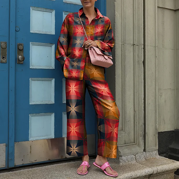 Lapel Geometric Floral Contrast Print Two Piece Set