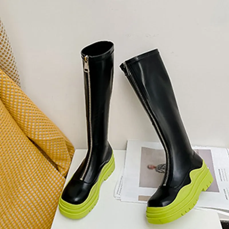 Chunky Heels Platform Long Boots For Women 2021 Autumn Winter Ladies Knee High Boots Candy Colors Female Soft Leather Shoes New