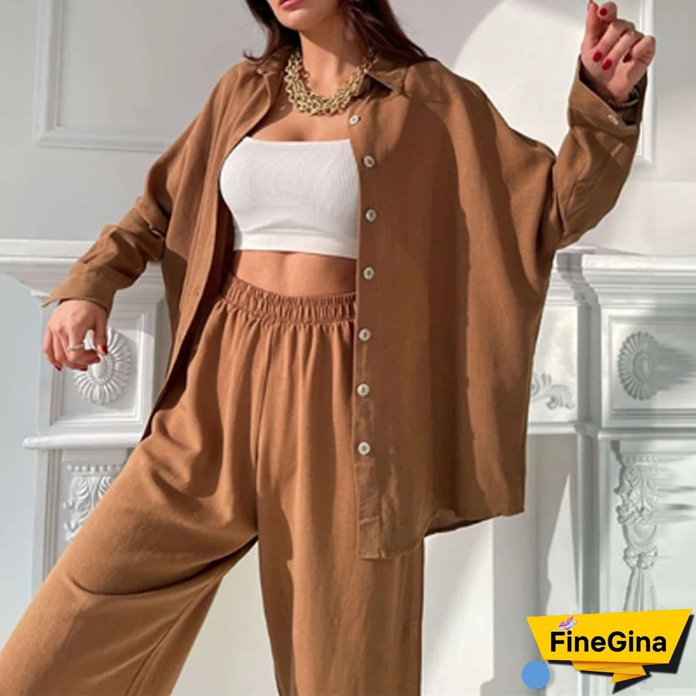 Fashion Street Solid Color Women Tracksuits Outfits Casual Suits Autumn Lapel Long Sleeve Shirt Tops + Harem Pants Two Piece Set