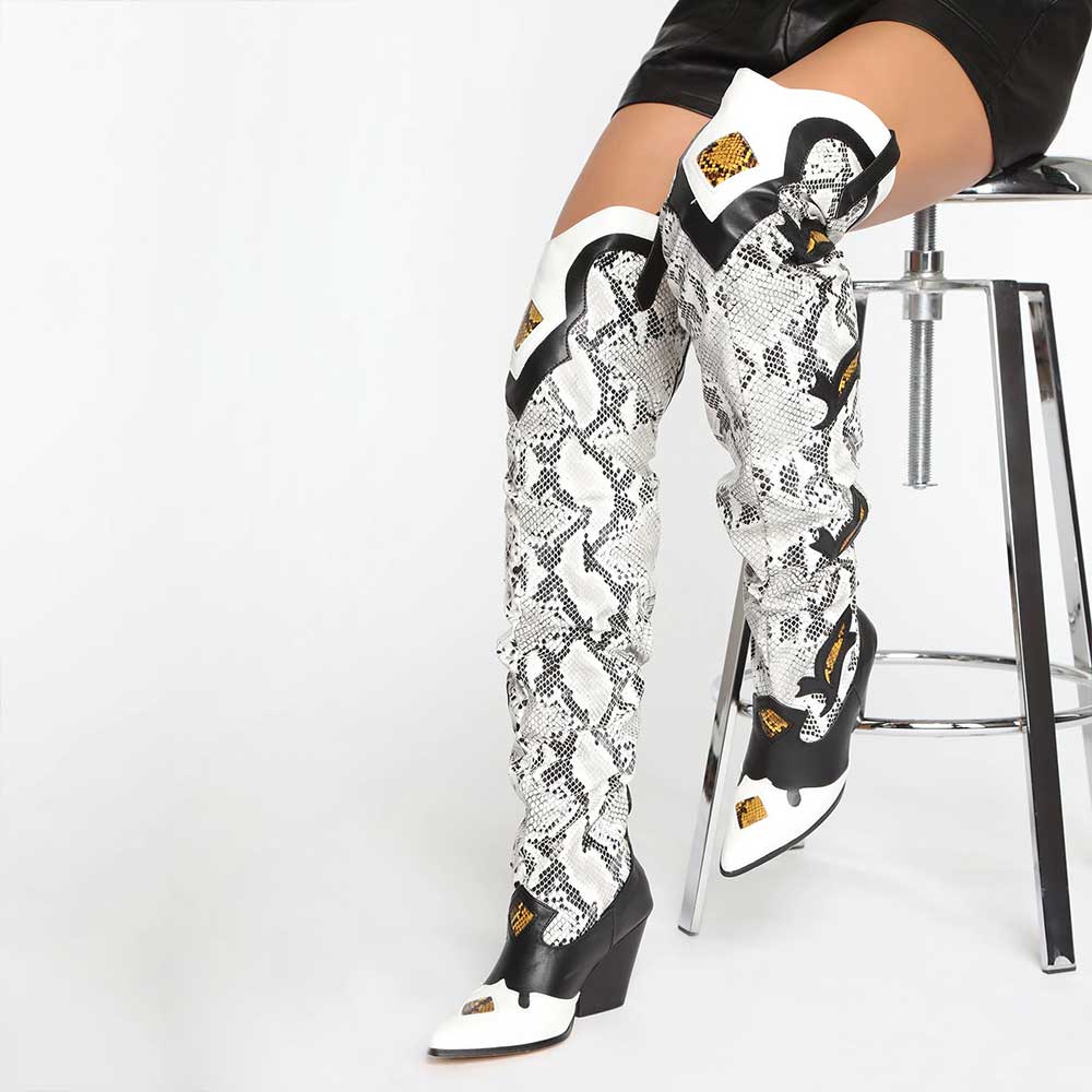 Black and White Snakeskin Print Over The Knee Cowboy Boots for Women