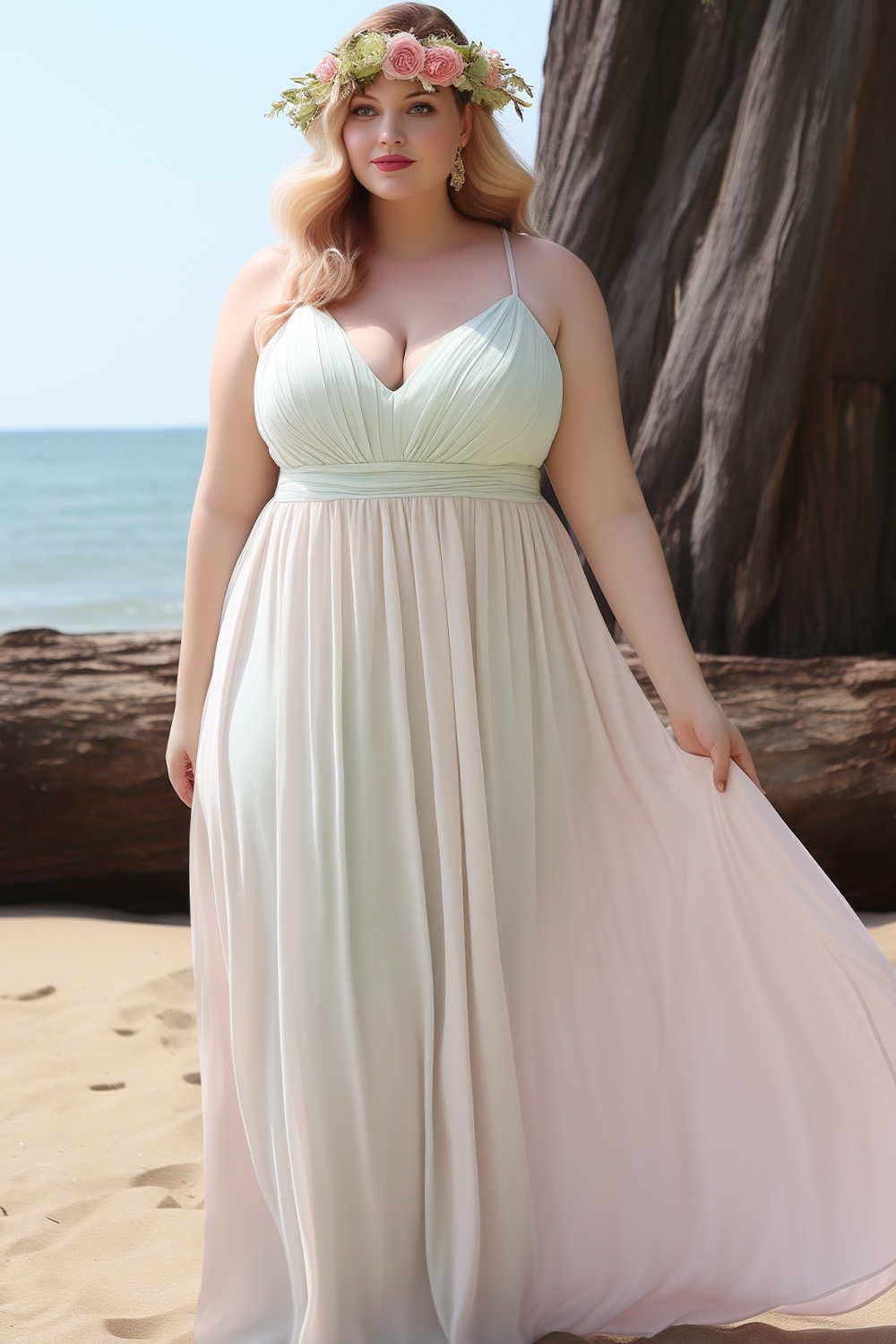 Flycurvy Plus Size Wedding Guest Pink And Green Chiffon Gradient Built-in Bra Maxi Dress