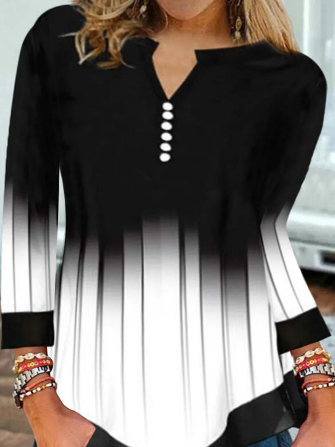 Vintage Printed Cotton-Blend V Neck Tops