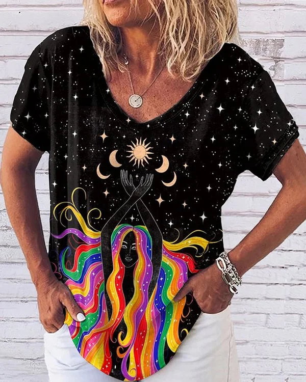 🔥kukelife🔥Hippie Art Print V-Neck Short Sleeve T-Shirt