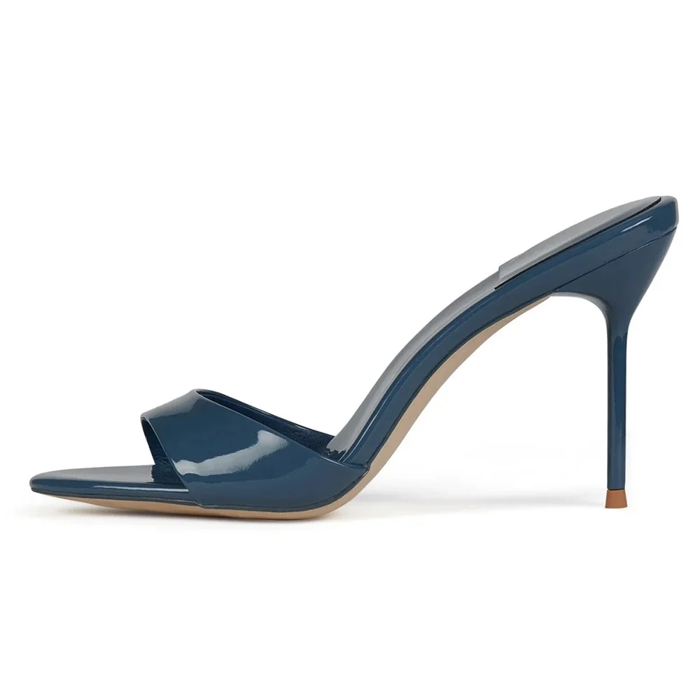 Women's Navy Round Toe Slip On Mules Shoes with Stiletto Heel