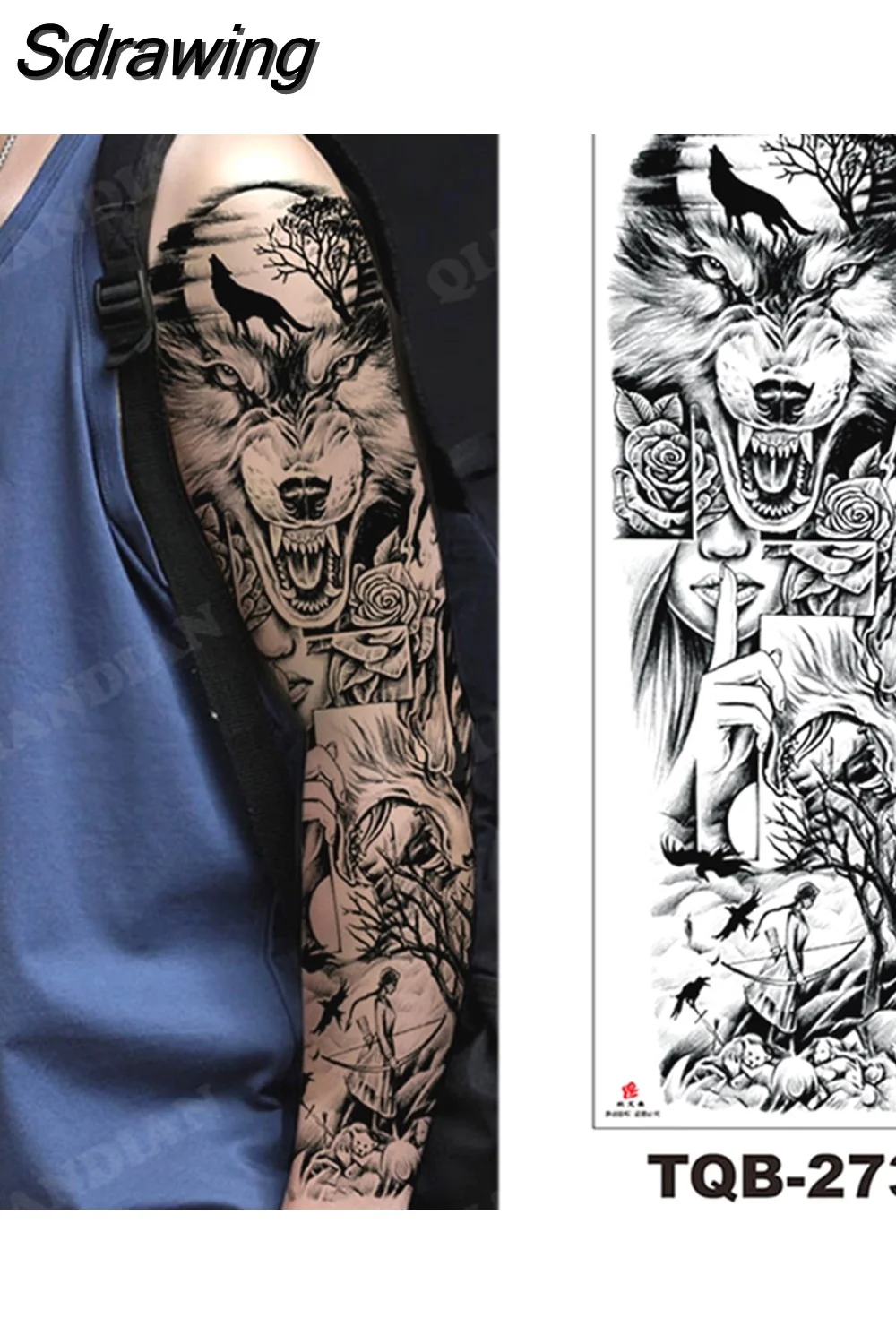 Sdrawing Arm Temporary Tattoo Wolf Lion Fish Horns Geometric Man Body Leg Rose Flower Phoenix Waterproof Sticker Cool Women Tatoo 521-1