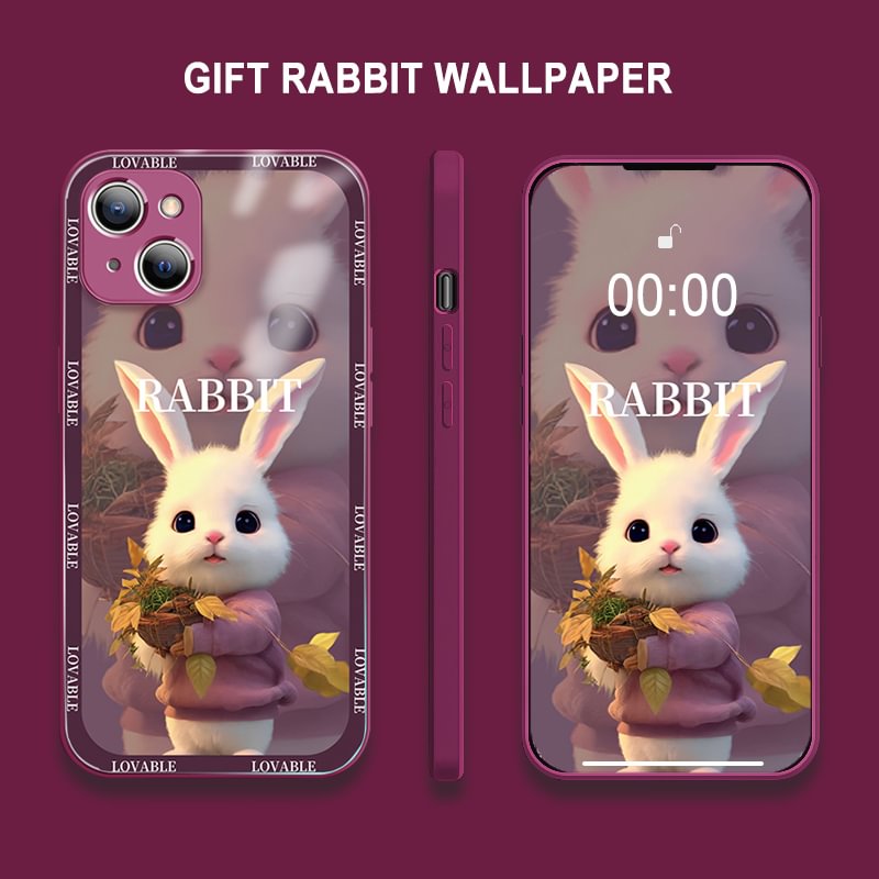 2022 Newest Cute Rabbit Soft Straight Edge Temper Glass Case Cover for iPhone