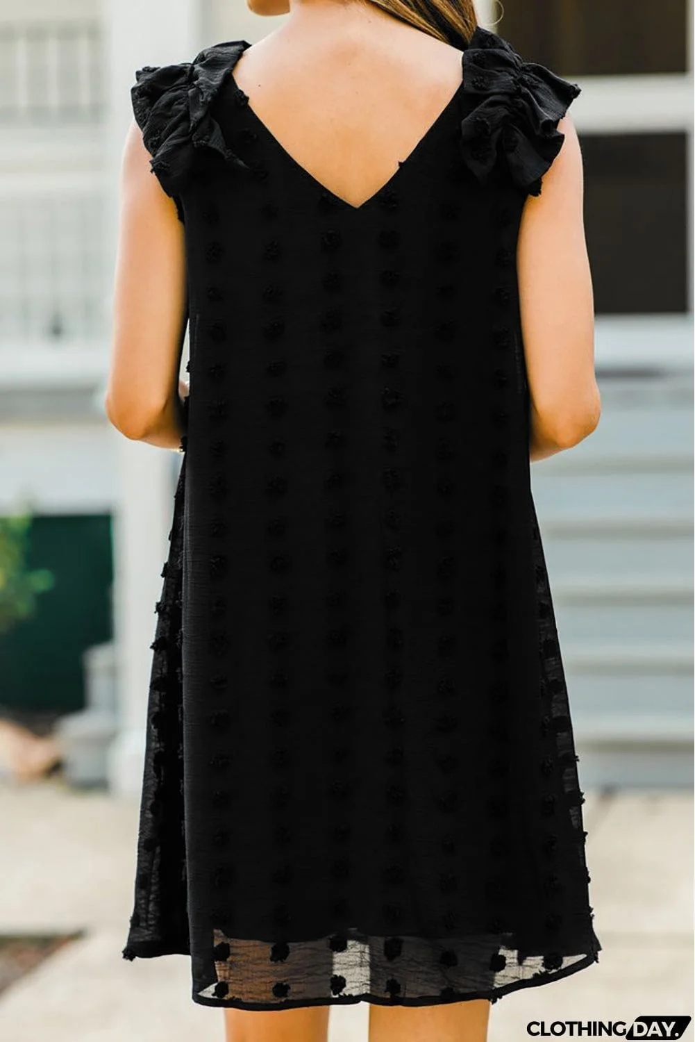 Swiss Dot V Neck Ruffled Sleeveless Mini Dress