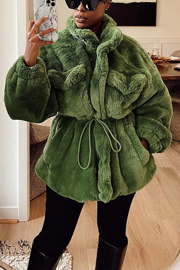 Plus Size Casual Jacket Green Oversized Jacket Faux Fur Coat With Cinch Waist [Pre-Order]